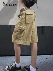 Khaki Cargo Pants High Waist Baggy Pocket Patchwork Knee Length Shorts Vintage