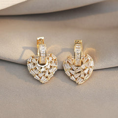 Multi Wearing Method Luxury Zircon Inlaid Peach Heart Pendant Gold Earrings