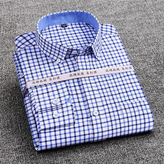 Mens Striped Plaid Oxford Spinning Casual Long Sleeve Shirt