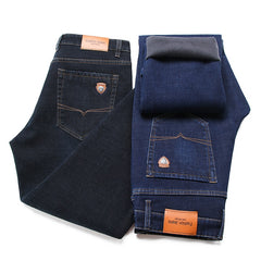 Brand Fit Straight Fleece Thick Warm Jeans Classic Badge
