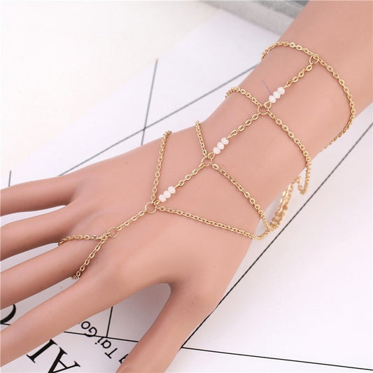 Fashion Chain Link Ring Full Rhinestone Vintage Flower Double Finger Rings