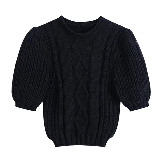 Fashion Cable-Knit Cropped Sweater Vintage O Neck Pullovers Chic Tops