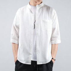 Cotton Linen Shirt Short Sleeve Loose Men Cotton Linen Half Sleeve