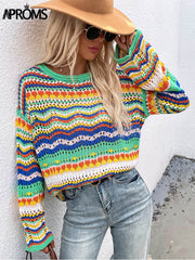 Aprms Multi Color Blocked Knitted Pullover Women Summer Casual Flare Sleeve