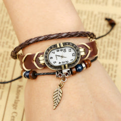 Women Genuine Leather Vintage Quartz Watch Multi Layer Handmade Bracelet