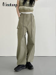 Fairycore Green Cargo Pants Fashion One Side Pocket Low Rise Casual Pants