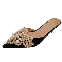 Shoes Elegant Beaded Crystal Lace Patchwork One Pedal Stiletto Slippers