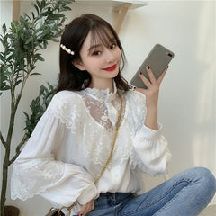 Sweet Loose Clothes Lace Up Ruffled Women Blouses Fashion Stand Collar