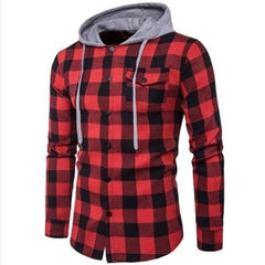 Long-sleeved Hooded Plaid Shirt with Pockets Mens Shirts