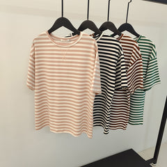 Short Sleeve Striped T-Shirts Women Knitted Basic Casual Tops