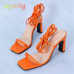 Fashion Orange Ankle Cross Strap Women Sandals Sexy Lace Up Square Toe