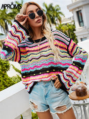 Aprms Multi Color Blocked Knitted Pullover Women Summer Casual Flare Sleeve