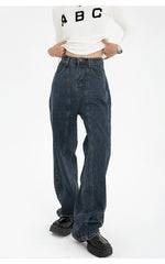 Dark Blue Women Jeans High Waist Vintage Straight Baggy Denim Pants