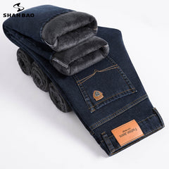 Brand Fit Straight Fleece Thick Warm Jeans Classic Badge