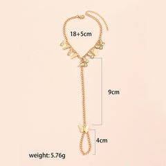 Simple Heart Pendant Chain Link Connected Gold Metal Wide Finger Ring Bracelets