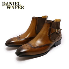 Chelsea Boots Genuine Leather Men Ankle Boots HSlip On Buckle Strap