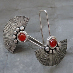 Vintage Metal Scalloped Red Crystal Zircon Earrings Classic