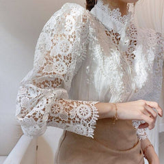 Vintage Solid White Lace Blouse ShirtsLoose Shirt Tops