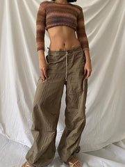 Khaki Low Rise Cargo Pants Vintage Baggy Wide Leg Trousers Streetwear
