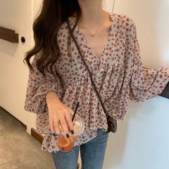 V-neck Chiffon Shirt Women Sweet Tops Blouse