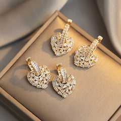 Multi Wearing Method Luxury Zircon Inlaid Peach Heart Pendant Gold Earrings