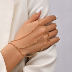 Simple Heart Pendant Chain Link Connected Gold Metal Wide Finger Ring Bracelets