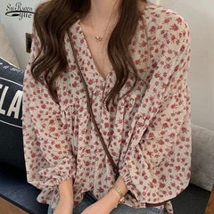 V-neck Chiffon Shirt Women Sweet Tops Blouse