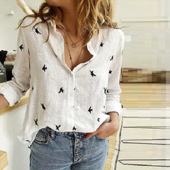 Leisure White Yellow Shirts Button Lapel Cardigan Top Lady Loose Long Sleeve
