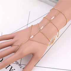 Fashion Chain Link Ring Full Rhinestone Vintage Flower Double Finger Rings