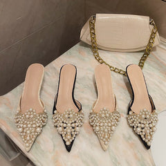 Shoes Elegant Beaded Crystal Lace Patchwork One Pedal Stiletto Slippers