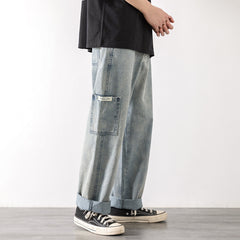 Loose Street Style Straight Cargo Pants Jeans Men Fashion Wide Leg Overalls