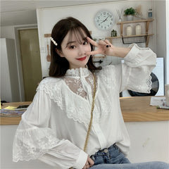 Sweet Loose Clothes Lace Up Ruffled Women Blouses Fashion Stand Collar