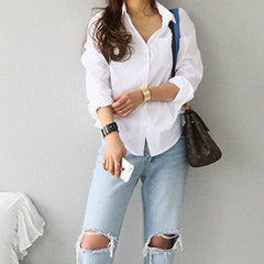 Feminine Blouse Top Long Sleeve Casual White Turn-down Collar OL Style