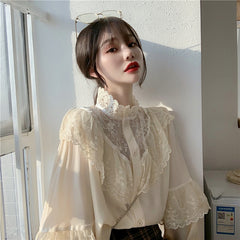 Sweet Loose Clothes Lace Up Ruffled Women Blouses Fashion Stand Collar