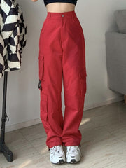 Y2k Button Pockets Patchwork Cargo Pants Women Streetwear High Waist Trousers