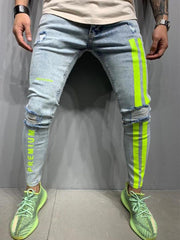 Men Stretchy Ripped Skinny Biker Embroidery Cartoon Print Jeans Destroyed
