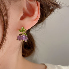 Vintage Purple Crystal Grape Leaf Earrings Sweet Reflective Smooth Irregular