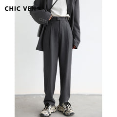 Simple Casual Women Twill Suit Pants Wide Leg Pants Straight Floor Pants