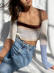 Knitted Long Sleeve Crop Top Patchwork Vintage Casual T Shirts