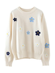 Floral Embroidery Pullover Sweater Elegant O Neck Knitted