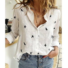 Leisure White Yellow Shirts Button Lapel Cardigan Top Lady Loose Long Sleeve