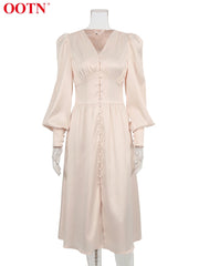 Beige Single Breasted Elegant Party Club High Waist Satin Long Dress