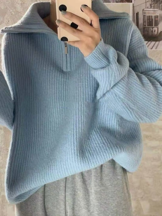 Women Sweater Oversize Zipper Knitted Pullover Long Sleeve Solid Color Lo