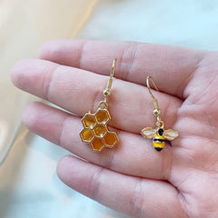 Cool Quirky Bee Earrings with Yellow Honey Comb / Mismatch Earrings