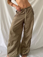Khaki Low Rise Cargo Pants Vintage Baggy Wide Leg Trousers Streetwear