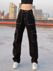 Pockets Patchwork Baggy Fashion Streetwear Denim Trouser Loose Cargo Pants