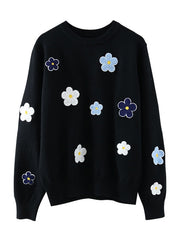 Floral Embroidery Pullover Sweater Elegant O Neck Knitted