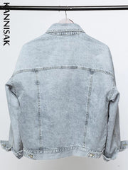 Vintage Women Jacket Oversize Denim Jackets Washed Blue Jeans Coat
