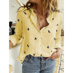 Leisure White Yellow Shirts Button Lapel Cardigan Top Lady Loose Long Sleeve