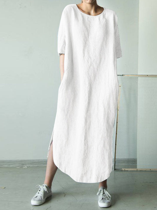 Women O Neck Short Sleeve Sundress Summer Solid Cotton Linen Dress